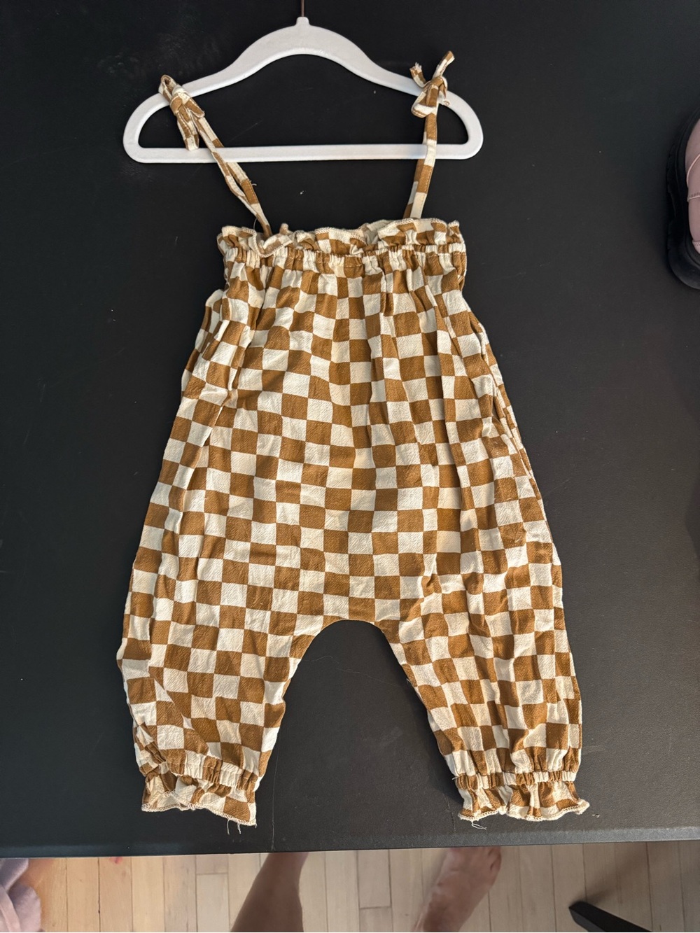 Kids Checkerboard Jumpsuit Romper in Tan & Cream